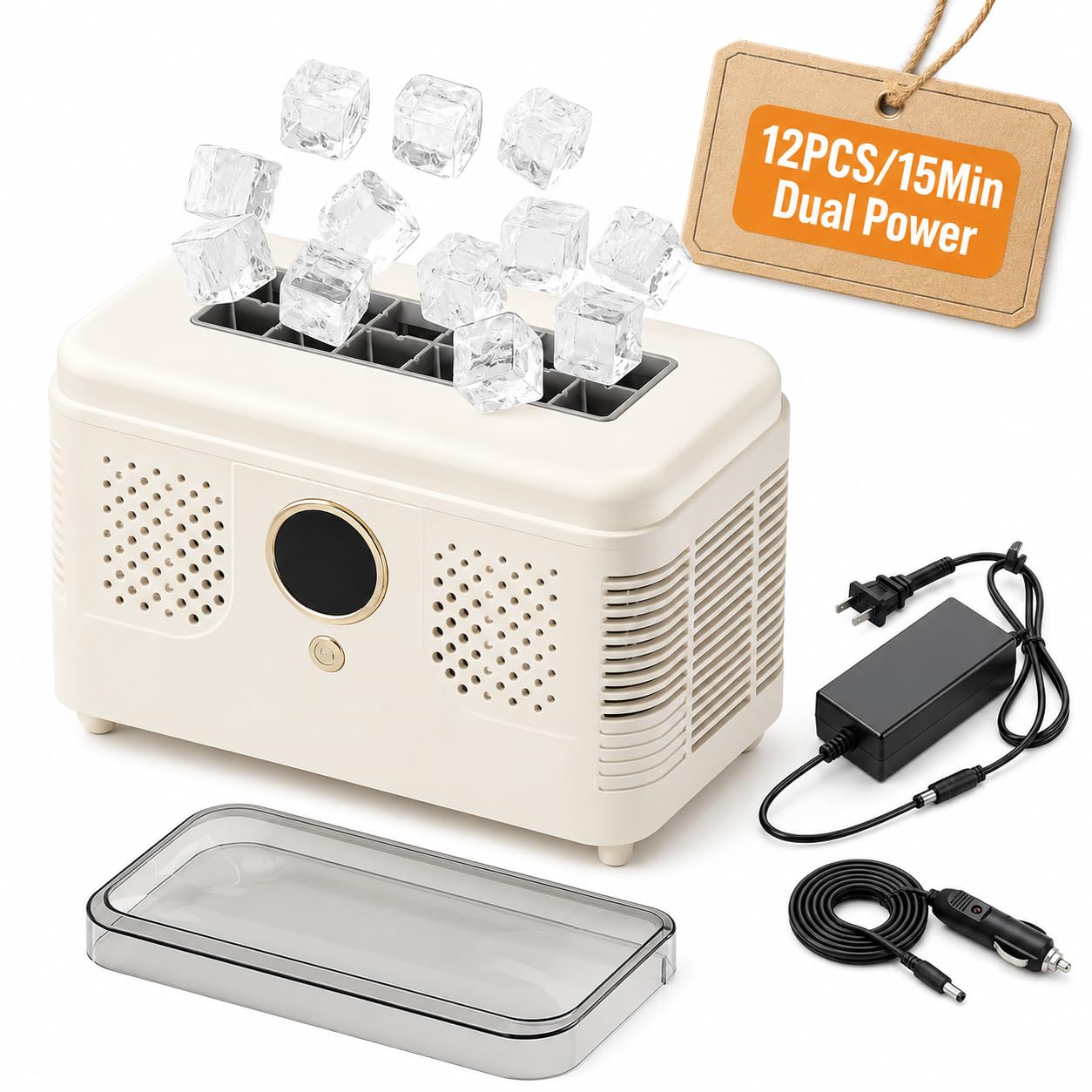 Máquina para hacer cubitos de hielo portátil con doble potencia, mini máquina para hacer hielo para automóvil de 12 V CC, hace 12 cubitos en 15 minutos, para cocina casera, viajes, cam white 12 cubes
