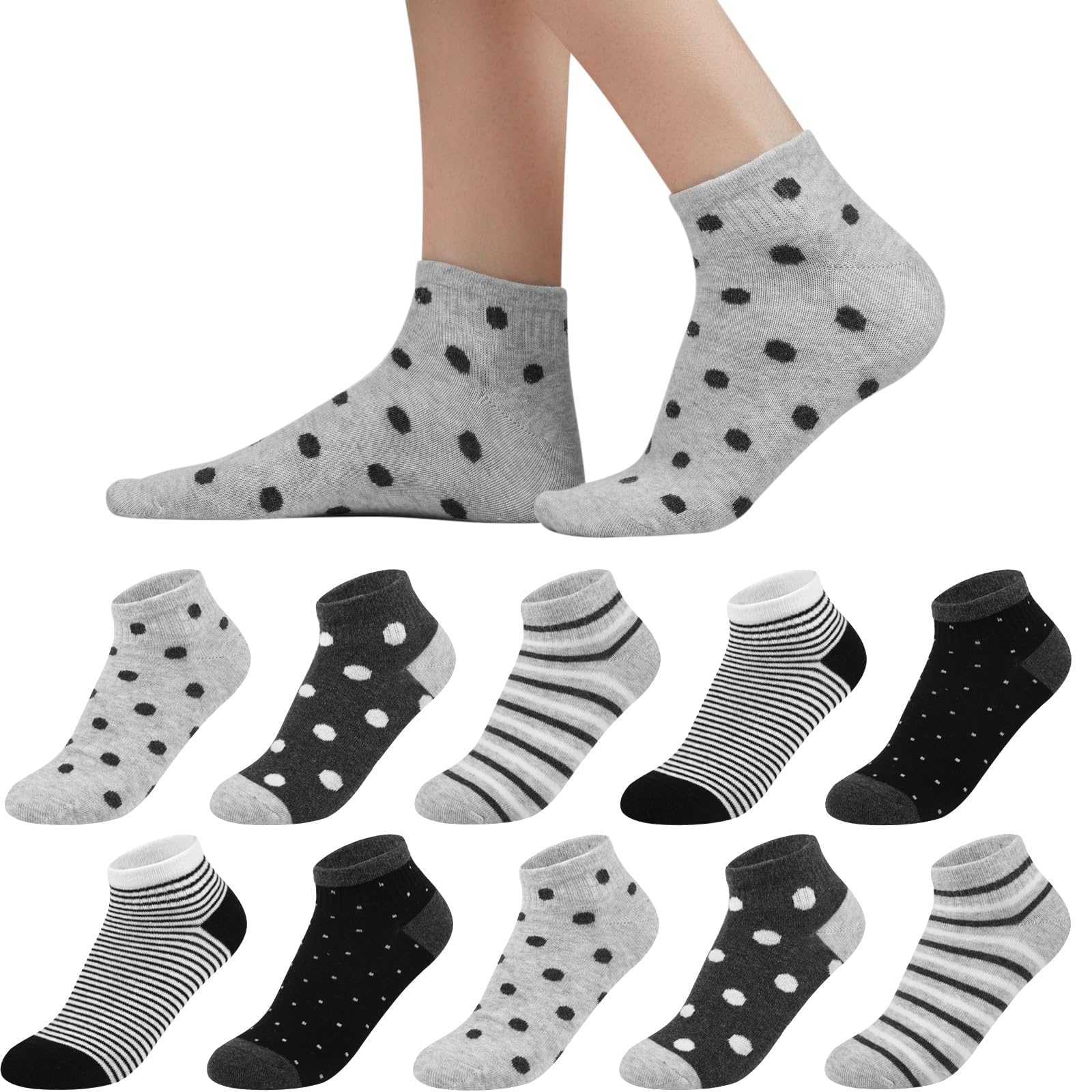 Calzini da ginnastica da donna 35-38 39-42, 10 paia di calzini corti da ragazza, calzini da ginnastica multicolori, calzini da donna colorati con strisce a pois