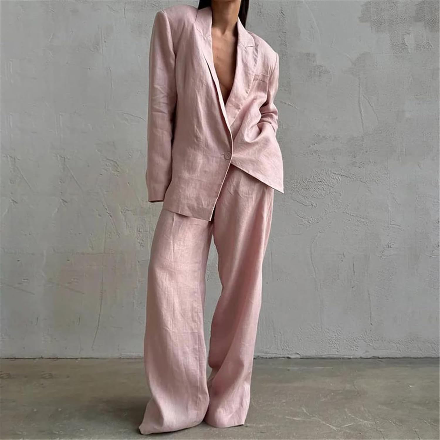 Women’S Office Plunging Neckline Tops Suit Solid Cotton Pants Outfits Pockets Lace Up Loose Long Sleeve Lounge Sets
