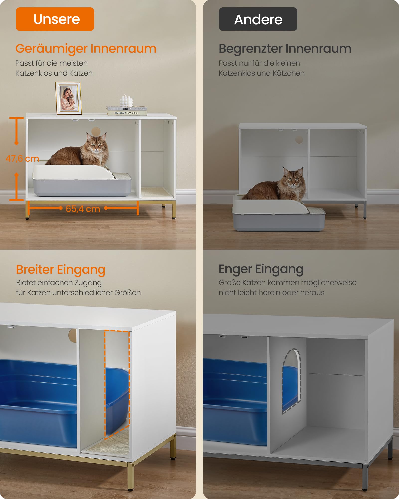 Feandrea Katzenklo-Schrank, Katzenhaus, Katzentoilette, mit Kratzmatte, hohe Beine, für Katzen, Beistelltisch, 90 x 48 x 61,5 cm, weiß-goldfarben PCL027W01