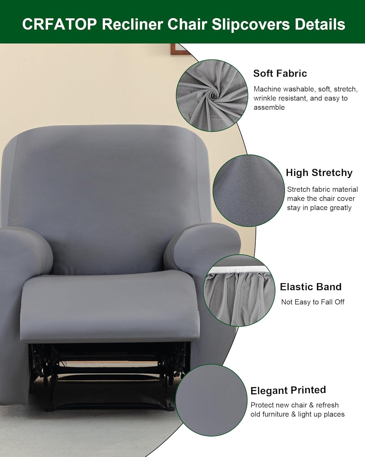 CRFATOP Solid Recliner Slipcover Stretch Reclining Chair Covers 4 Pieces Non Slip Recliner Sofa Slipcovers with Pocket Fitted Sofa Couch Cover Lazy Boy Chair Cover for Pet Kid Living Room,C02
