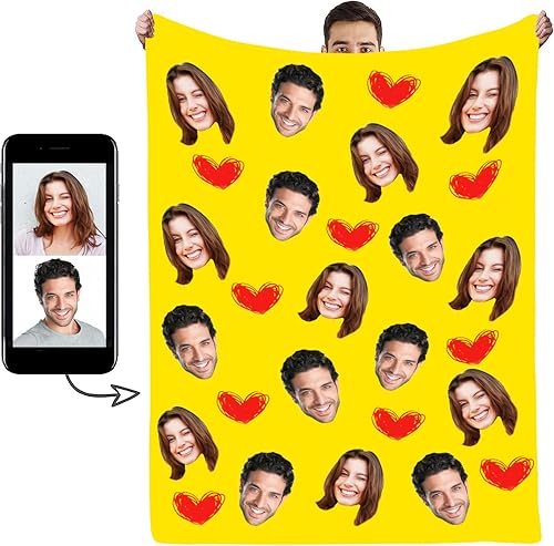 Manta personalizada con fotos de parejas, manta personalizada de caras divertidas con patrón de amor rojo, manta novedosa para hombres y mujeres,