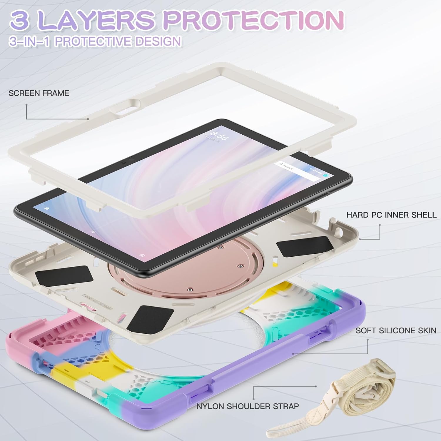Heavy Duty Fire HD 10 Tablet Case (2023), Shockproof Protective Rugged Case with 360 Rotating Stand, Shoulder Strap, Rainbow