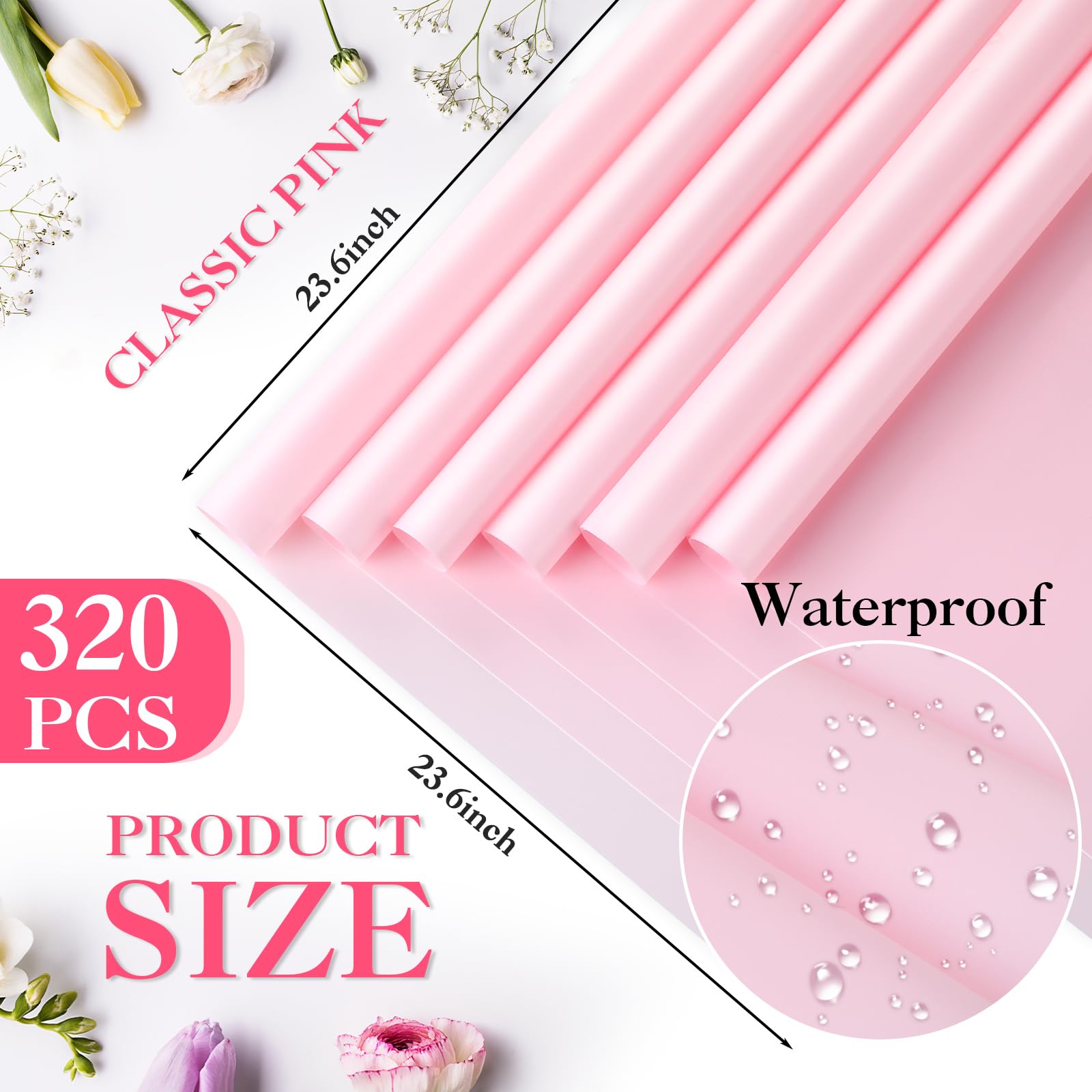 Ctosree 320 Blatt Blumen-Geschenkpapier, wasserdicht, Blumenverpackungspapier, Floristenstrauß, Zubehör, DIY, Handwerk, Geschenkverpackung, für Muttertag, Hochzeit, Festival, 60 x 60 cm (Rosa)