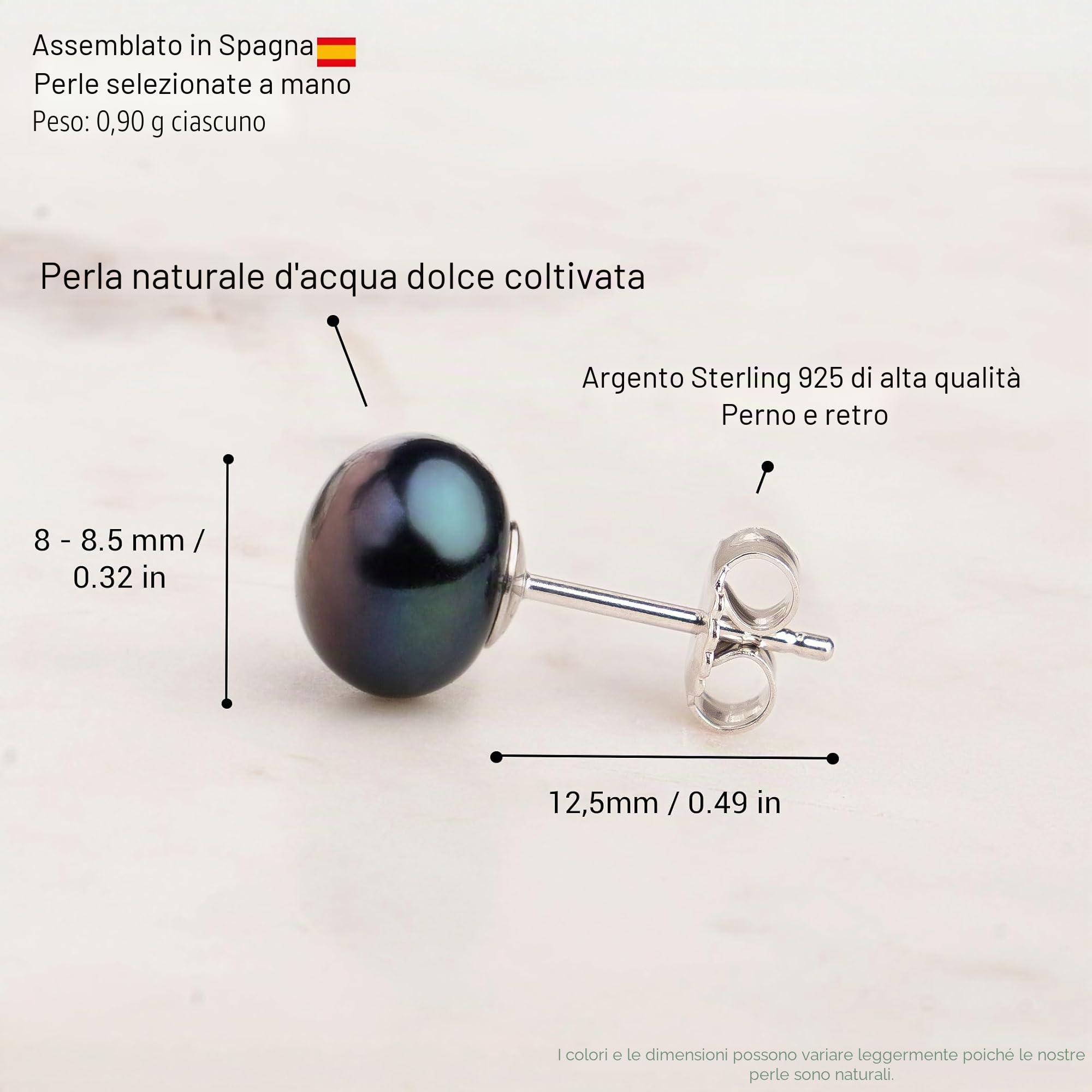 Orecchini da donna di perle bottone coltivate d'acqua dolce in nero SECRET & YOU - Argento sterling 925 - Disponibile in 4 misure da 8 mm a 11 mm