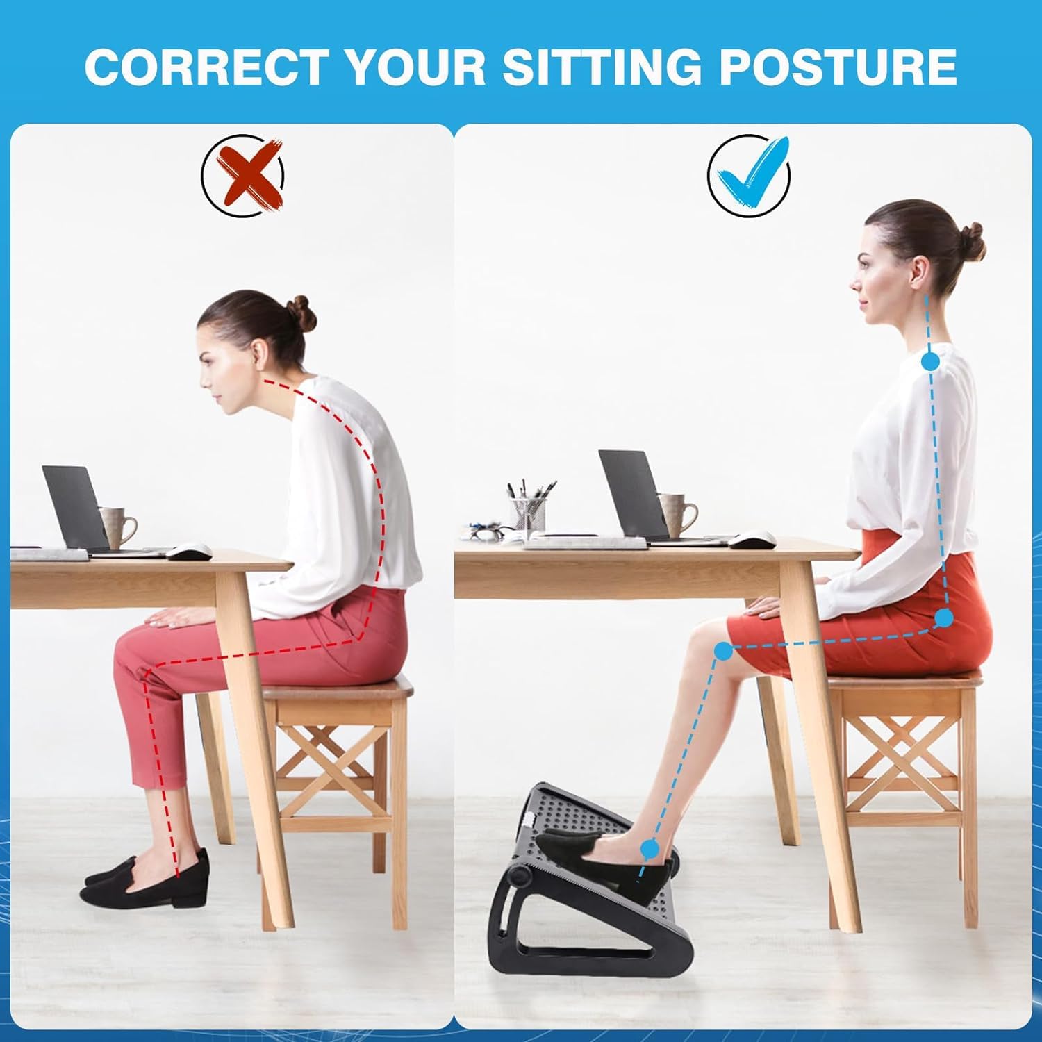 FWQPRA Foot Rest | Six Height Adjustable Foot Rest for Under Desk at Work | Ergonomic Foot Stool for Under Office Desk | Under Desk Footrest with Foot Massage Roller for Leg Rest (Black) 4