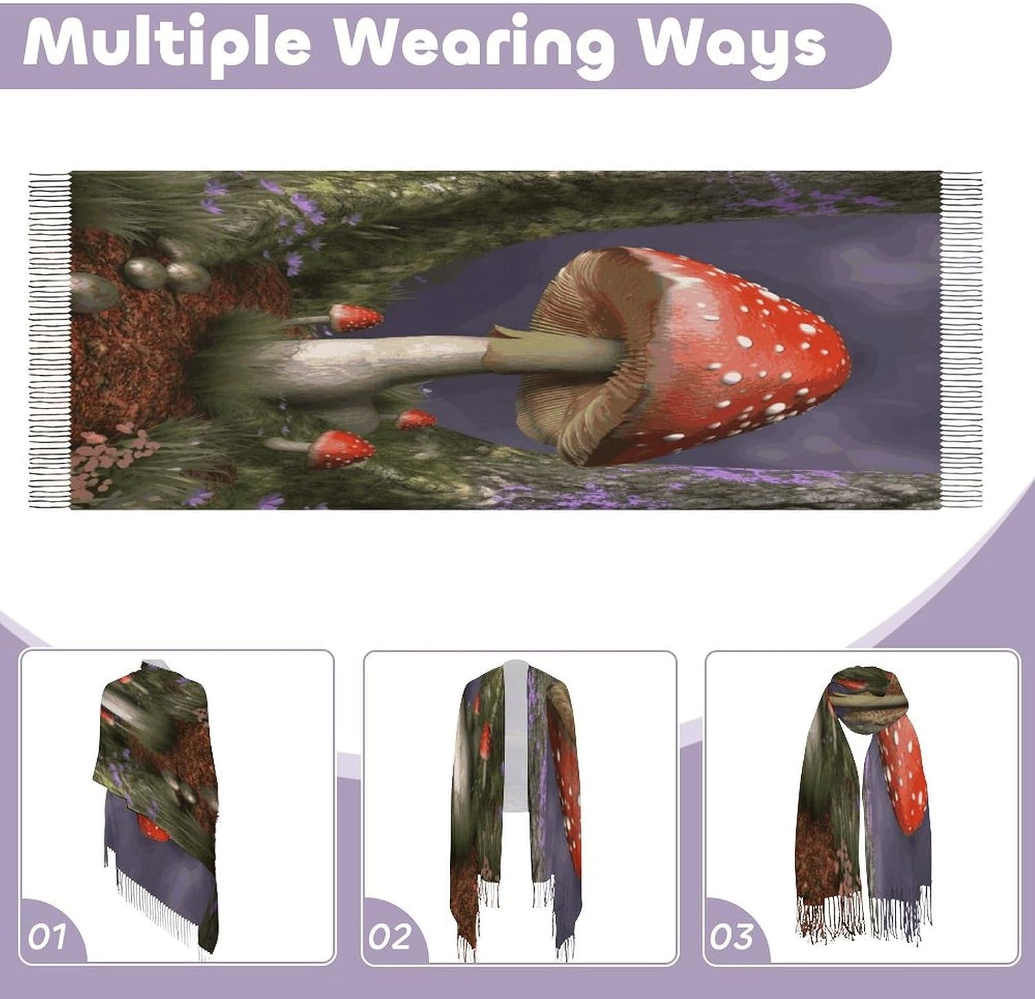 Mushroom Winter Scarf for Women Soft Tassel Scarves Oversized Wraps Long Shawl Cold Weather Thick Blanket Scarfs