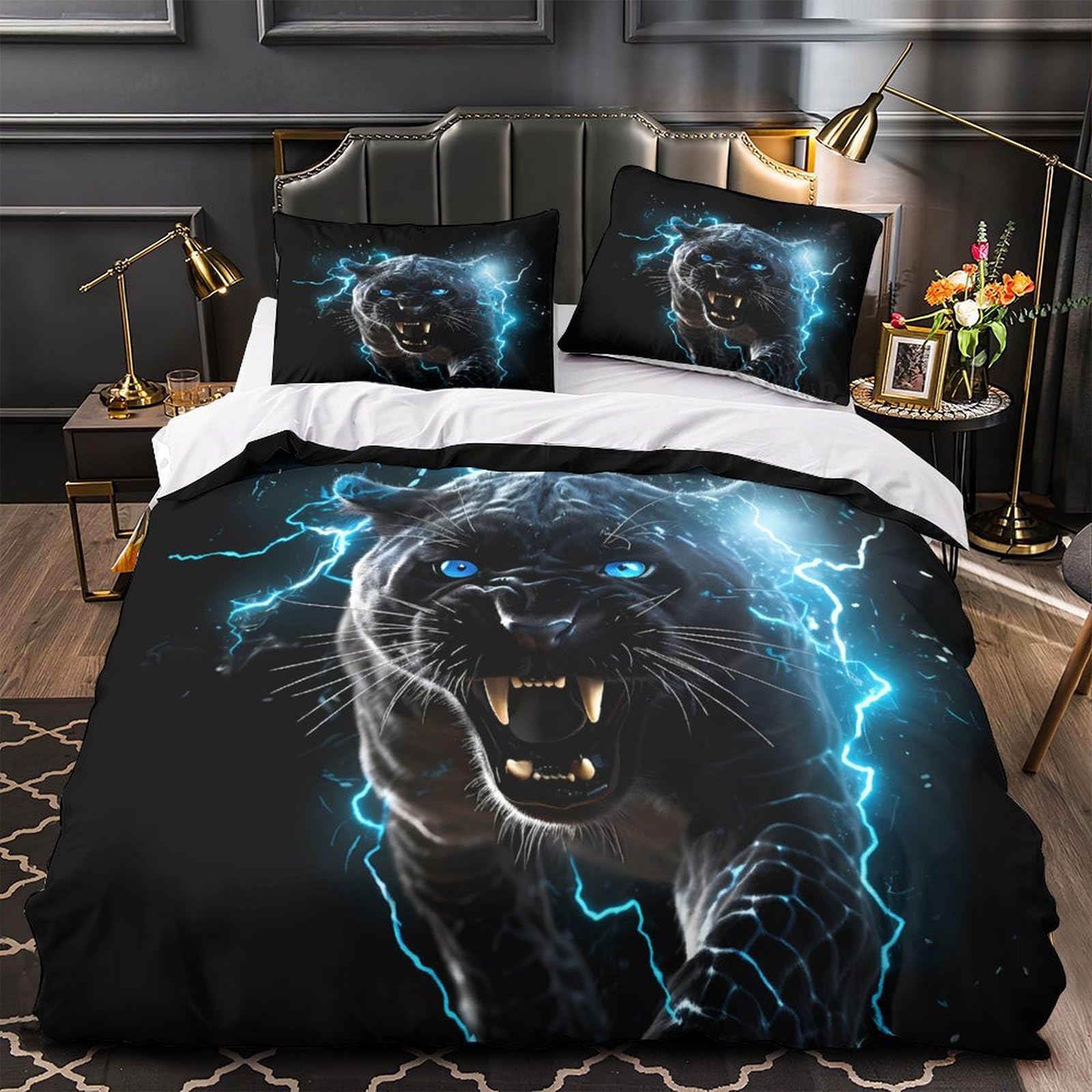 Parure de lit panthère noire 3D hypoallergénique avec fermeture éclair pour un grand confort
