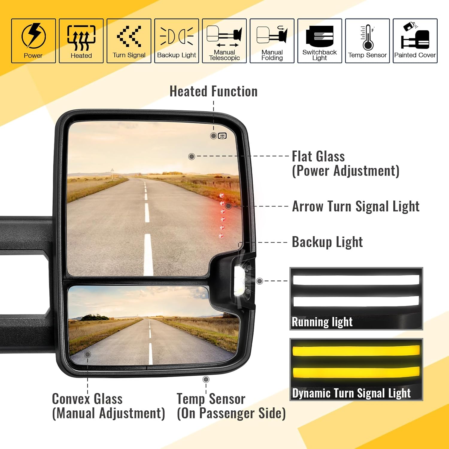 Sanooer Switchback Towing Mirrors Painted Black 2014-2018 Chevy Silverado GMC Sierra 1500 2500HD 3500HD 2019 Chevy GMC 1500 with Dynamic Turn Signal Running Light Backup Heated Pair