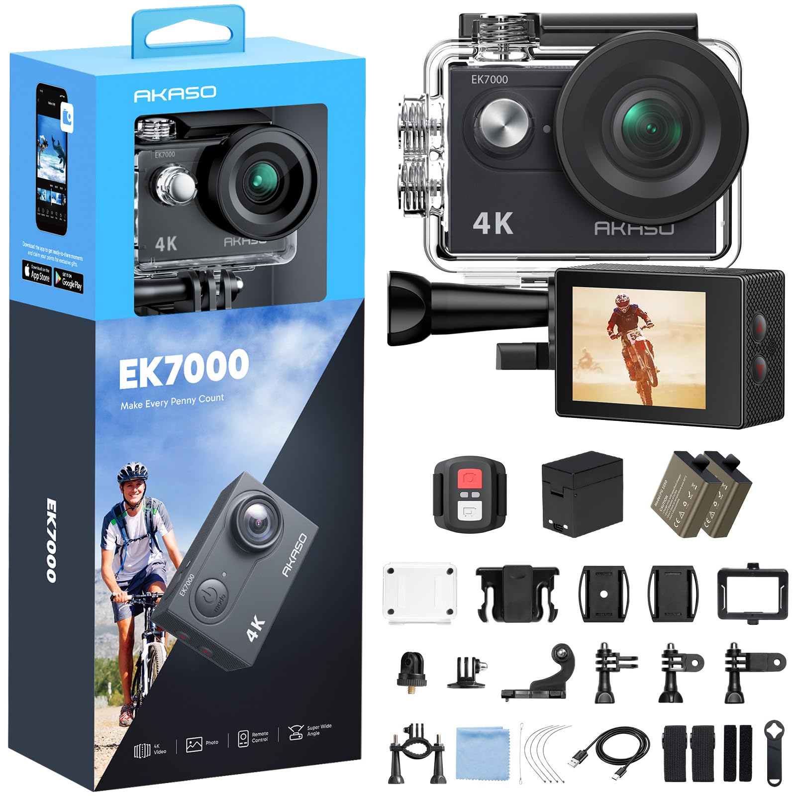 AKASO Cámara Deportiva 4K 30fps 20MP WiFi Cámara de Acción - Cámara Sumergible Acuática 30M con estabilización - Gran Angular de 170° - Calidad de Imagen Ultra HD para los entusiastas de la Aventura | Cámara Sumergible Acuática 30M con estabilización, Ultra HD, Gran Ángulo 170°, para los entusiastas de la Aventura