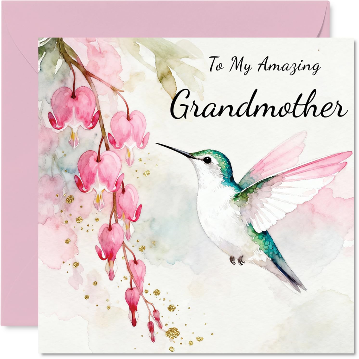 Grandmother Birthday Card - Hummingbird Wishes - Happy Birthday Card for Grandmother from Grandson Granddaughter, 145mm Pink Floral Illustration Bday Greeting Cards