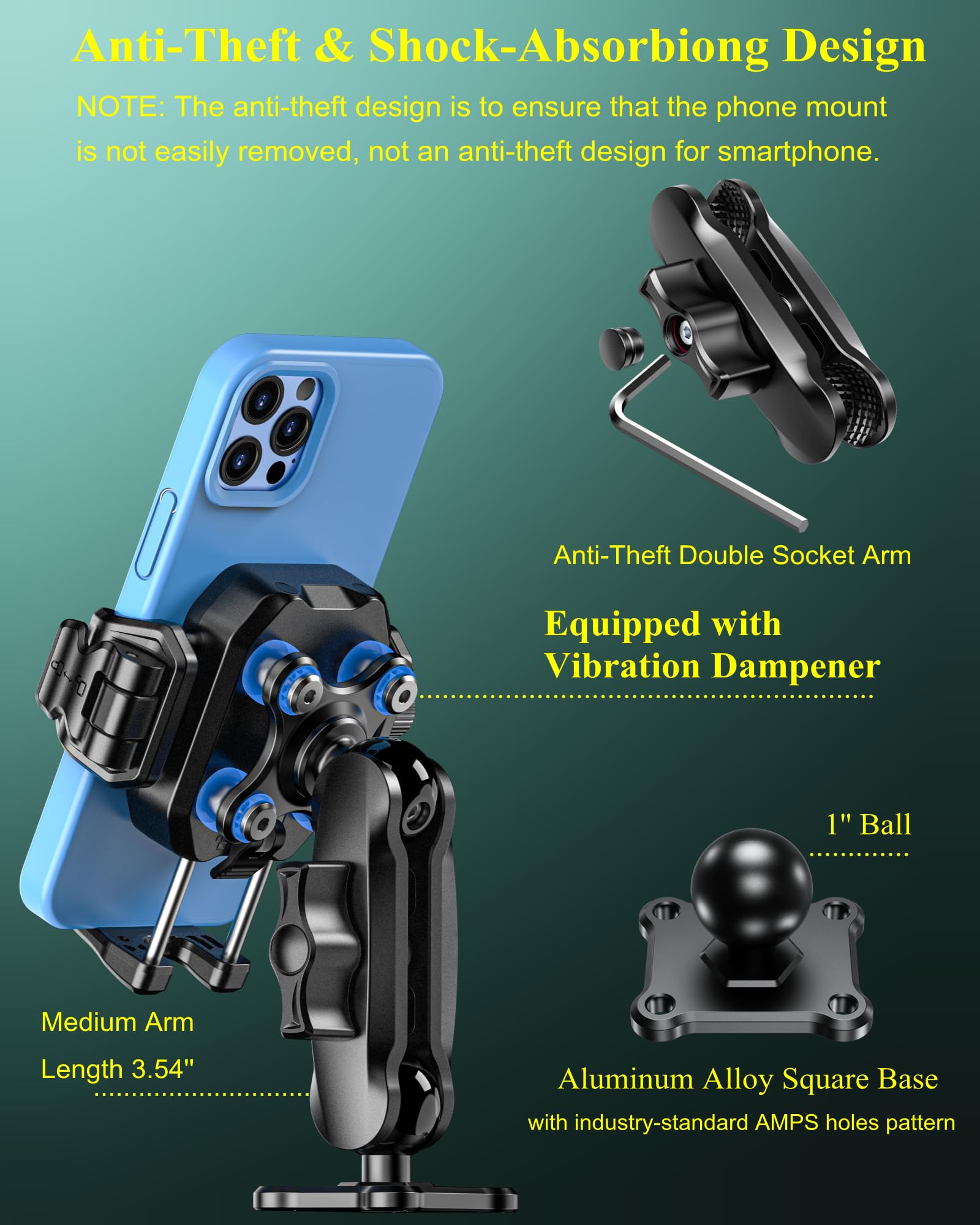 BRCOVAN Supporto antifurto per telefono con smorzatore di vibrazioni [blocco e rilascio 1s] [compatibile con fotocamera] con braccio medio in alluminio e base quadrata, per auto, barca, camion, moto