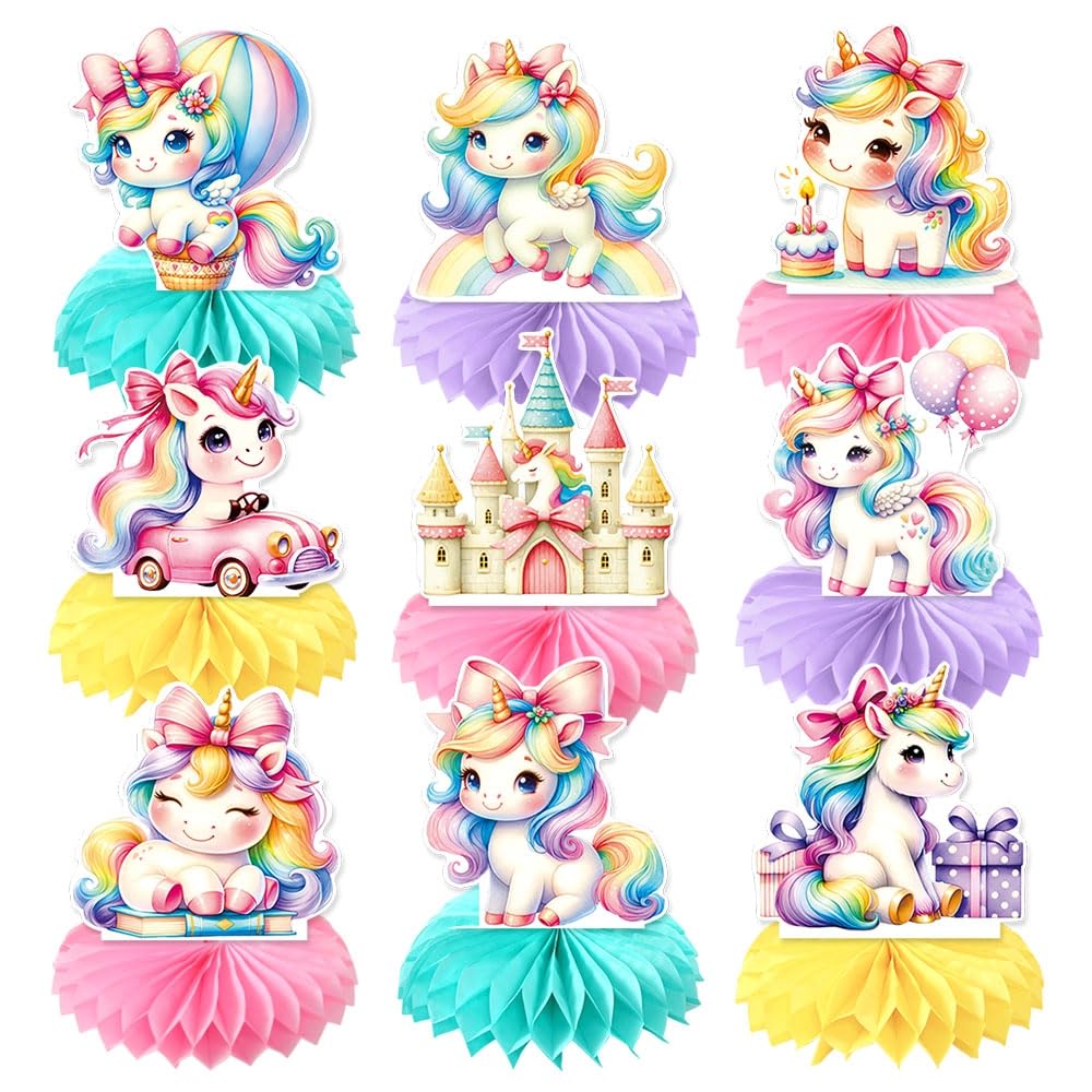 Nicime 9pcs Rainbow Unicorn Honeycomb Decorations, Cute Sweet Honeycomb Centerpiece table decor, Birthday Party Supplies Ornaments