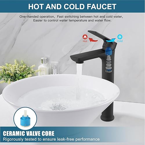 Miniatura 5 de Midanya Grifo de lavabo de baño, negro mate, grifo de lavabo alto para lavabo, grifo mezclador de lavabo de una sola manija, agujero único con