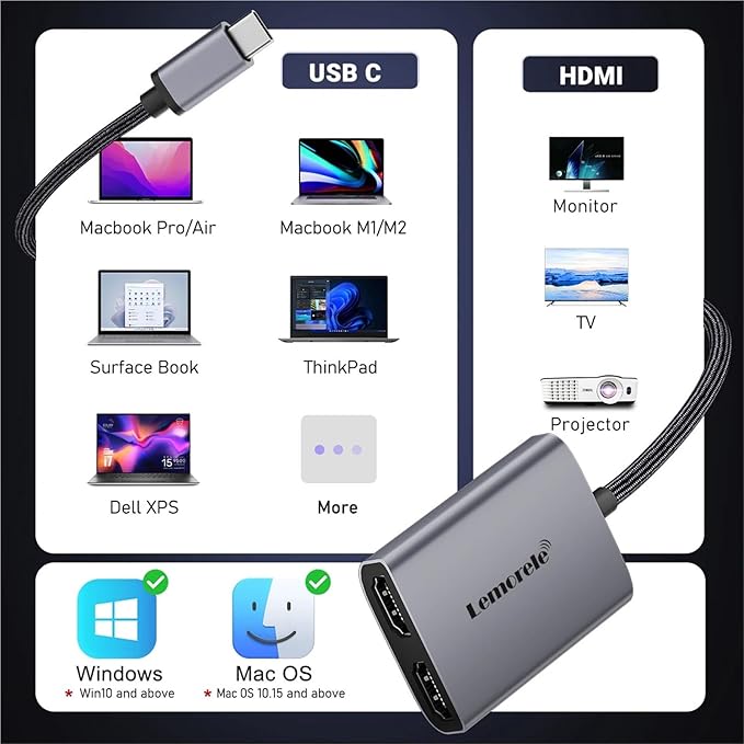 Hub USB C HD20 4K Triple Pantalla con Cable Trenzado miniatura 2