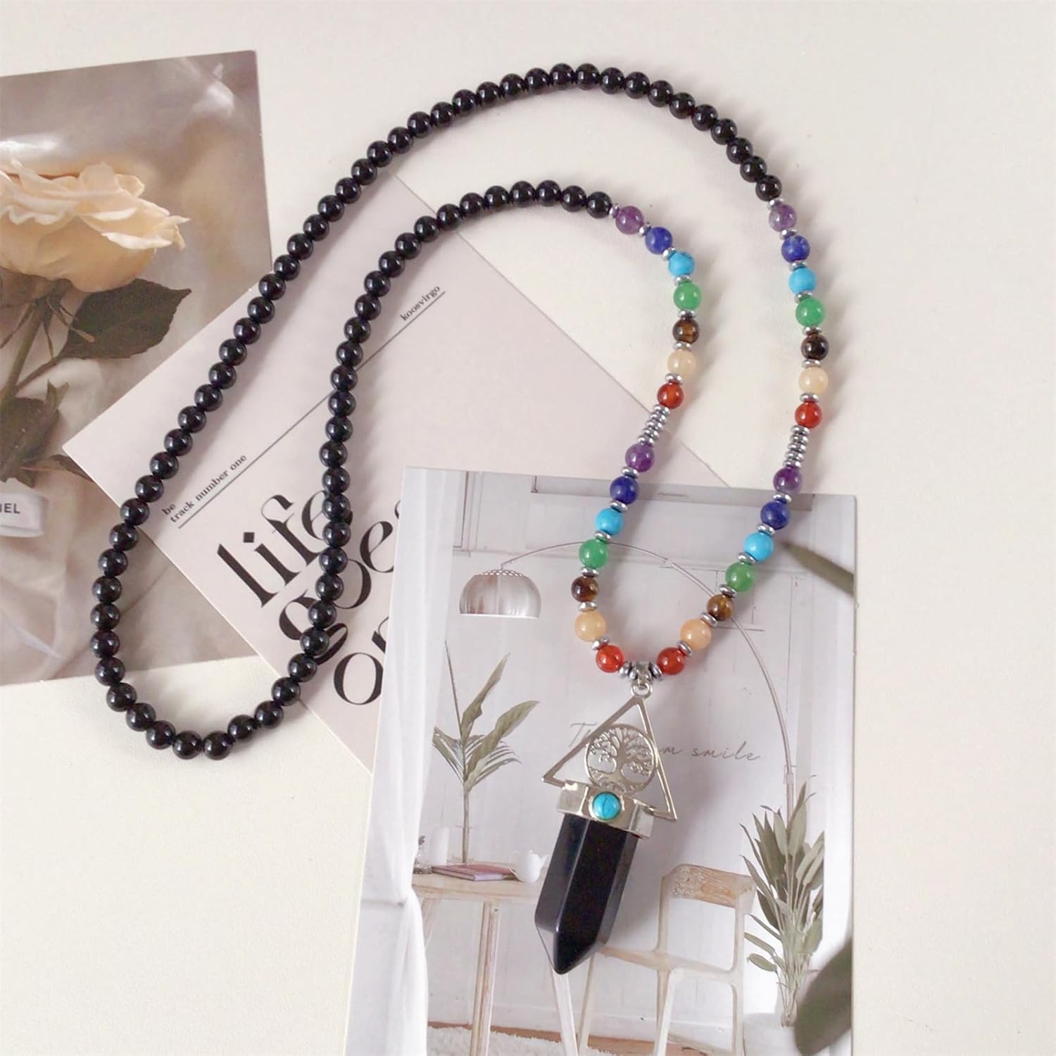 EDEN'S CALL Tree of Life 7 Chakra Stone Beads Necklace for Women and Men Hexagonal Crystal Point Pendant Necklace - Image 2