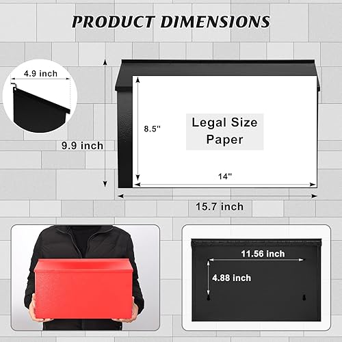Vista 26 de KYODOLED - Buzón de pared, buzón de correo de gran capacidad, buzón de metal galvanizado a prueba de óxido, buzones para exteriores, 15.75 x 9.44 x