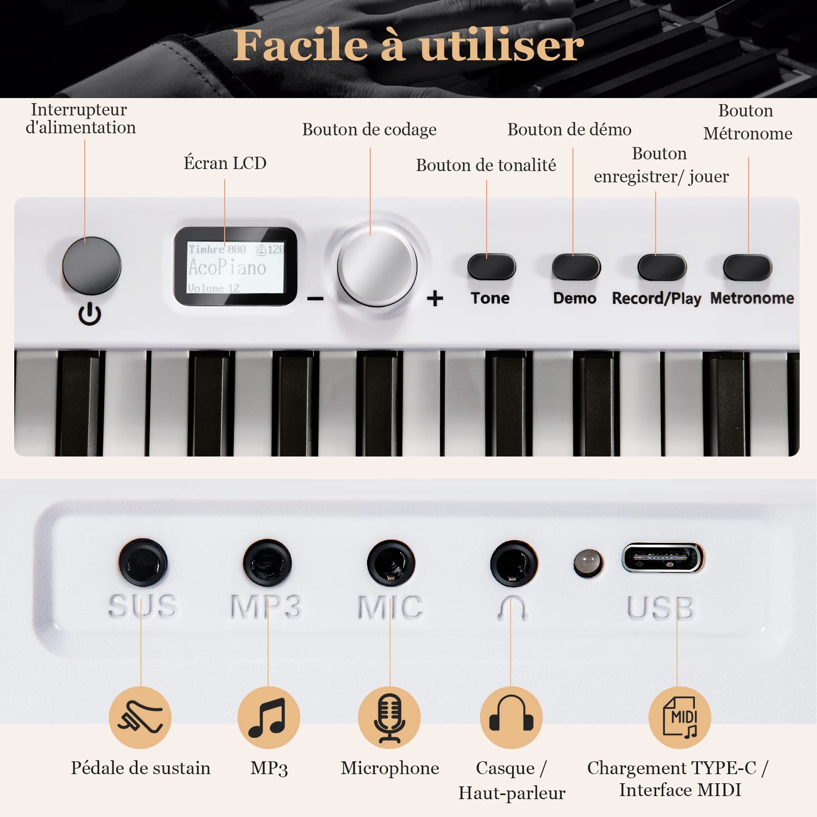COSTWAY Piano Numérique Pliable à 88 Touches avec Pupitre,Clavier Electrique Portable avec Touche Lumineuse,2 Modes d'Apprentissage, MP3/USB/MIDI, Débutant Enfants de 3 Ans+ (126x20,5x6cm Blanc)