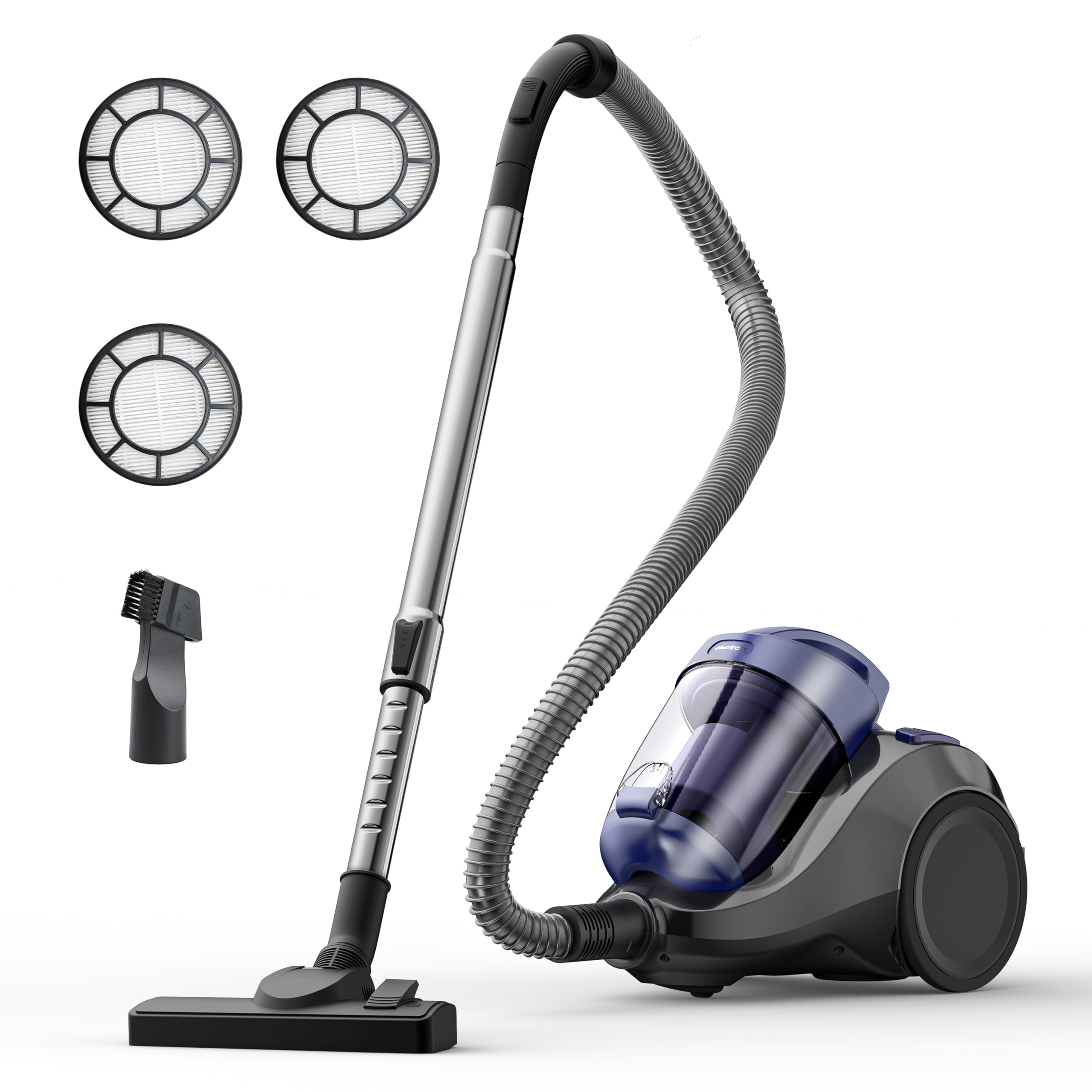 Aspiron Canister Vacuum Cleaner, 1500W Bagless Vacuum Cleaner, Set of 3 Anti-Allergen HEPA Filter, 2.5QT Dust Cup, 2-in-1 Crevice Tool, Low Noise, Corded Vacuum for Hard Floors, Carpets, Pet Hair