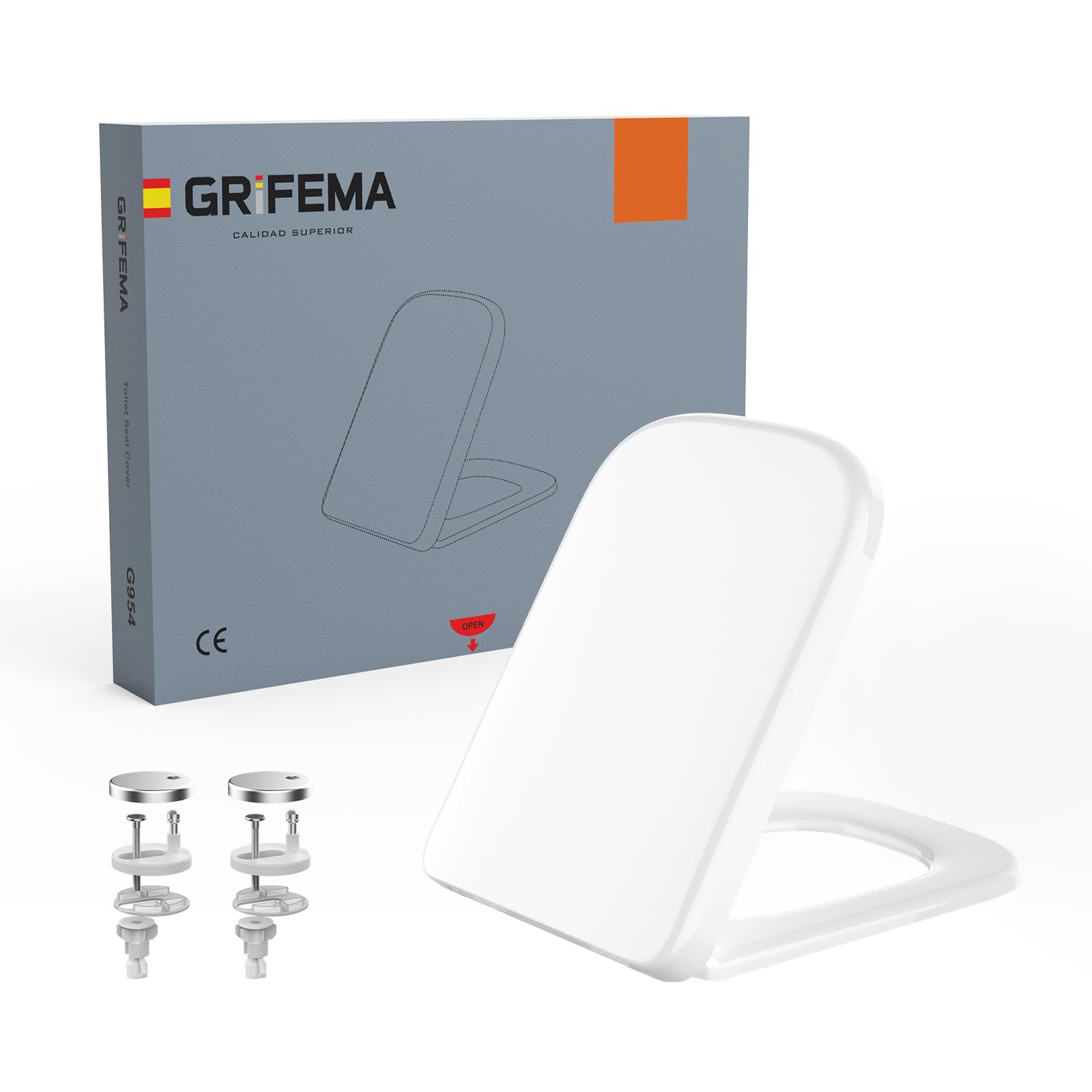 GRIFEMA Copriwater Universali, Tavoletta WC Quadrata con Funzione di Sgancio Rapido, Sedile WC Urea-Formaldeide Materiale Antibatterico, Facile da Pulire, 46.1 * 5.3 * 35.1cm, Bianco
