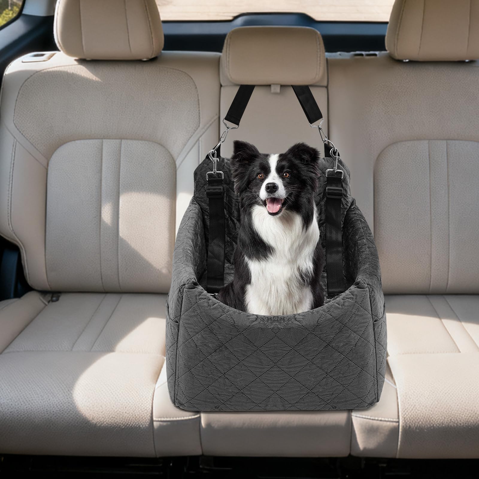 Asiento de coche para perros pequeños/medianos de menos de 15 kg, asiento de coche para mascotas desmontable y lavable, con 3 cinturones de seguridad y acolchado, cama para perro, color gris