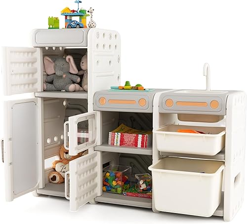 Costzon Organizador de almacenamiento de juguetes para niños, estante multiuso Montessori para juguetes con cajones extraíbles, pizarra blanca