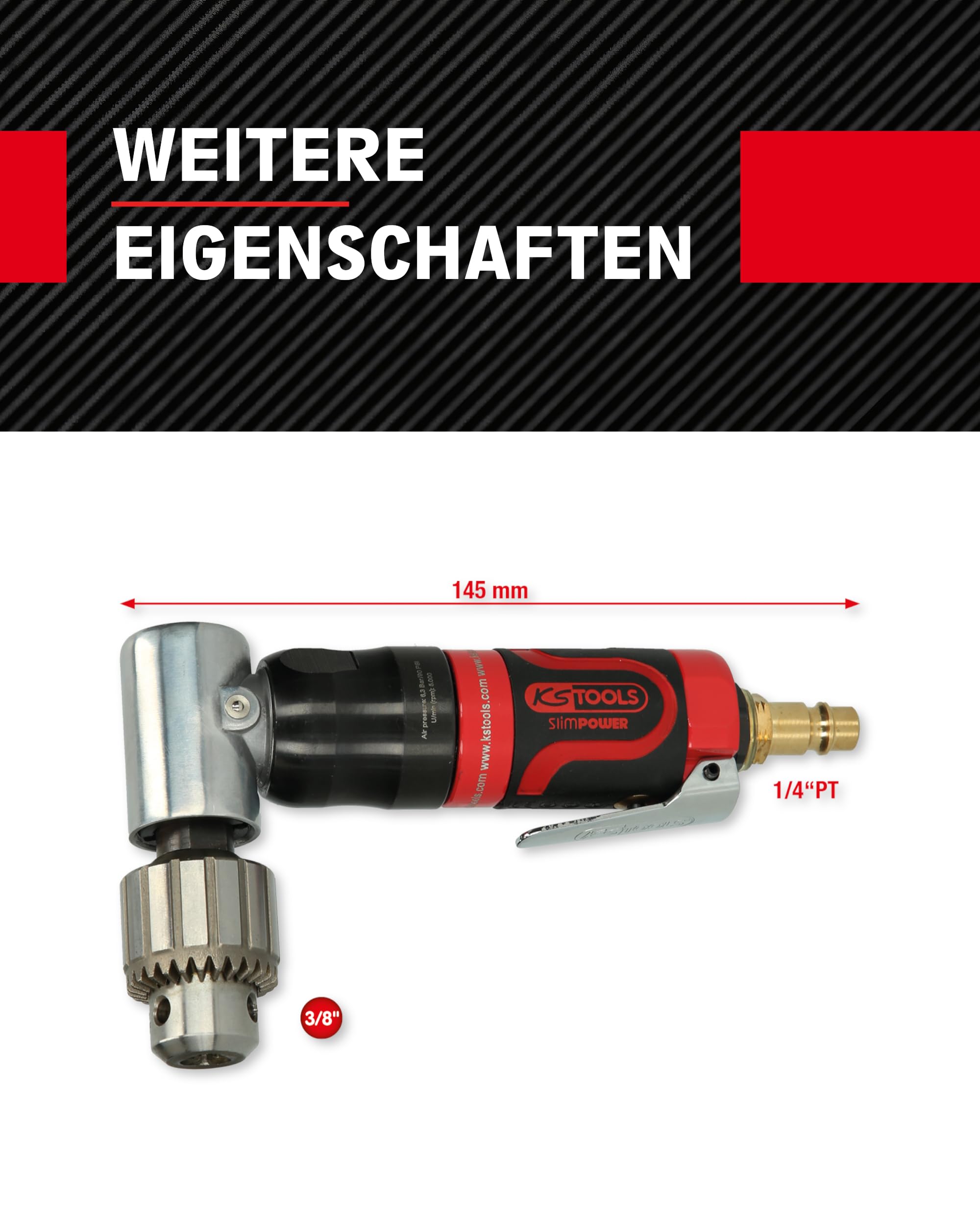KS Tools Druckluft Winkelbohrmaschine 3/8" SlimPOWER 515.5525 I Winkelbohrmaschine Druckluft mit Zahnkranzbohrfutter-Spannweite 1 - 6,5mm I Ideal für Karosserien