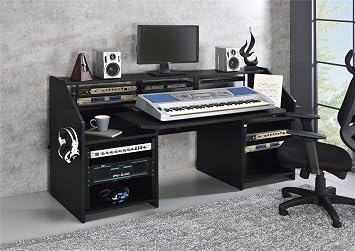 Music Recording Studio Desk with Piano Keyboard Tray, Recording Studio Workstation Table with Stands, Bottom Shelf, Wooden Home Office Computer Desks for Study Gaming Bedroom Black,71in Black 71in