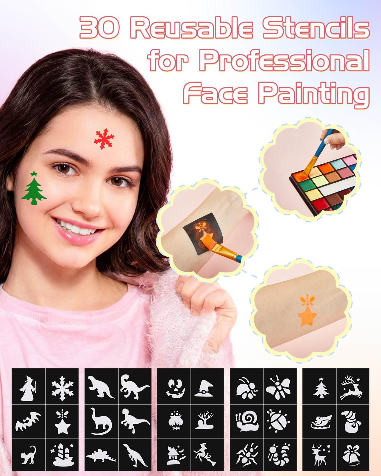 Lictin Pittura per Viso 36 Colori-Face Paint,10 Pennelli Professionali ,30 grafica per festa di Halloween, compleanno, Natale Paletta di bellezza,grande rega