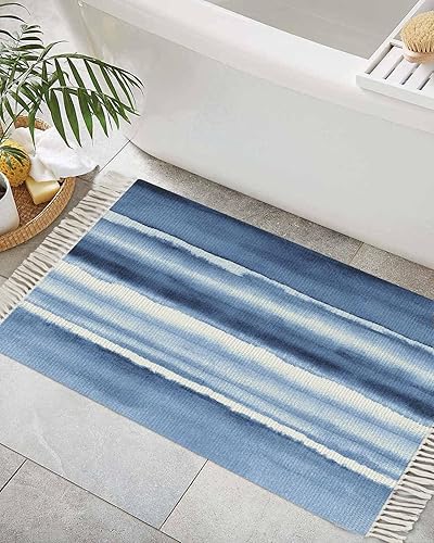 Blue Stripes Entryway Rug 2X3 Ft Bathroom Mat, Washable Woven Throw Carpet with Tassel, Watercolor Retro Ombre Abstract Tie Dye Art Non-Shedding