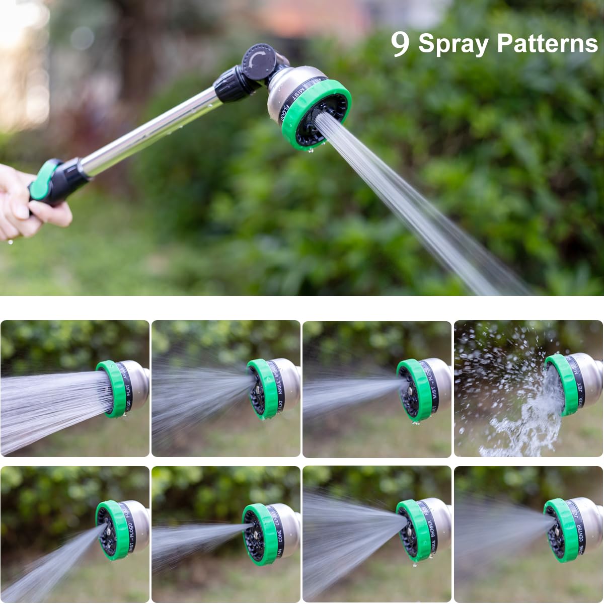 FANHAO Garten Gießstab Metall, 45cm Lang Gartenbrause mit Daumensteuerung, 180° schwenkbaren Kopf Stabbrause, 9 Sprühbilder Bewässerung Zauberstab für Blumenampeln und Sträucher -Grün