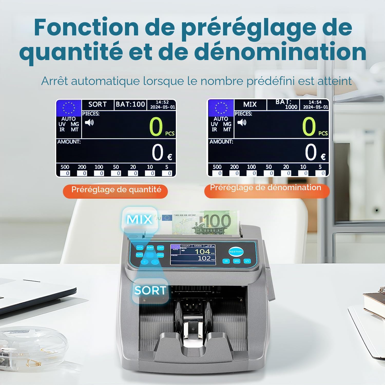 Bonvoisin Compteuse de Billets Professionnelle, Comptage de Valeurs pour Coupures Mixtes en EUR, Machine à Compter les Billets avec Détection des Contrefaçons UV/MG/IR/MT/DD, 1000 Billets/Min (EU)