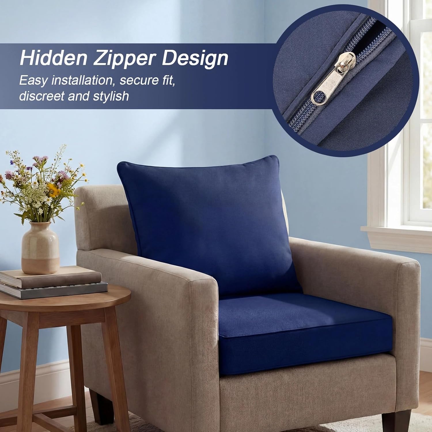 Tingjoo 2 Set 24x24x4 Inch Outdoor Chair Cushions Covers, Waterproof UV Resistant Patio Cushion Replacement Seat Slipcovers, and 24 x 20 Back Covers with Zipper for Furniture, Deep Seat Sofa (Navy)