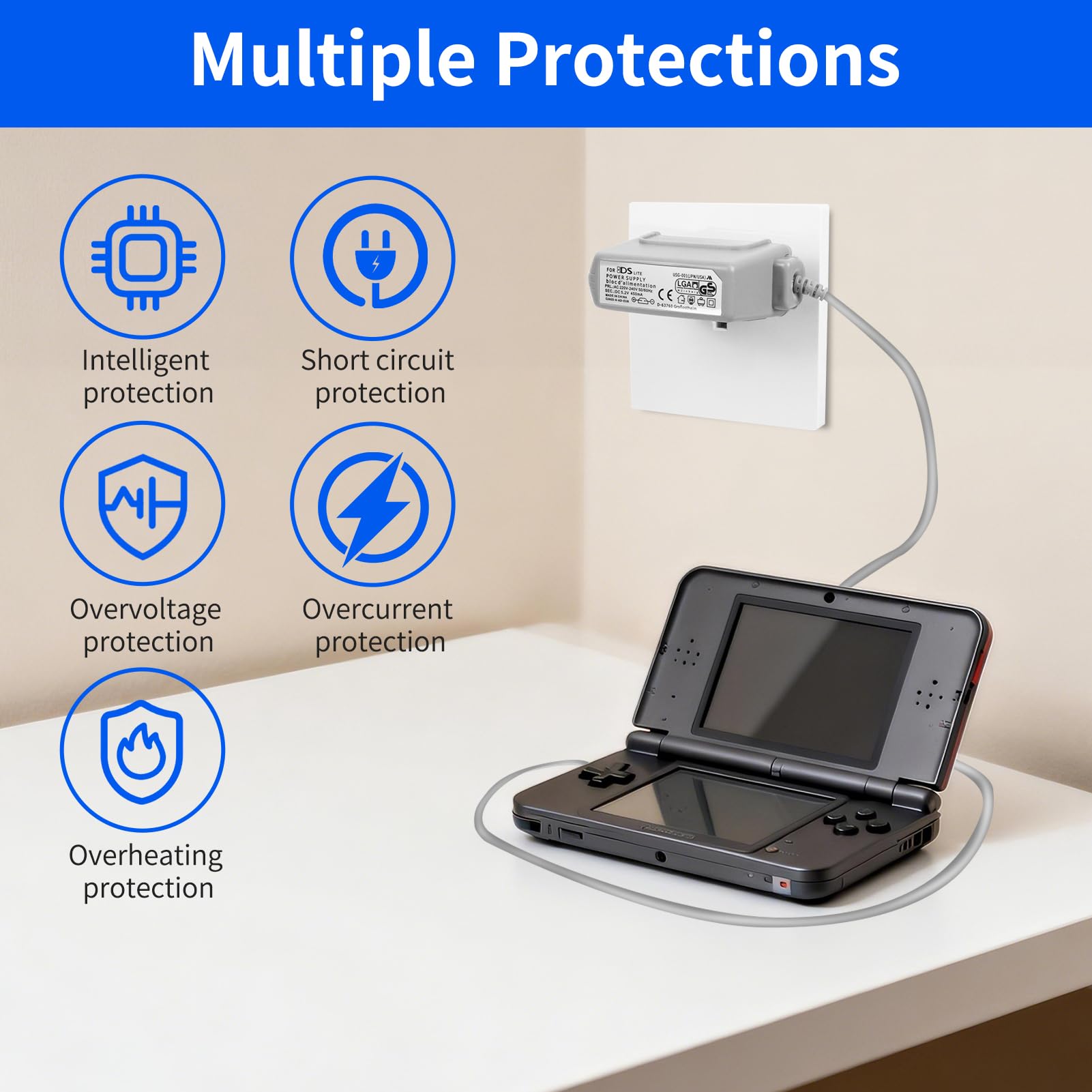 Chargeur pour DS Lite, Alimentation de Remplacement Compatible avec DS Lite/NDSL (Pas pour DS), Adaptateur Secteur AC 100–240V, 1,12M Gris - 5