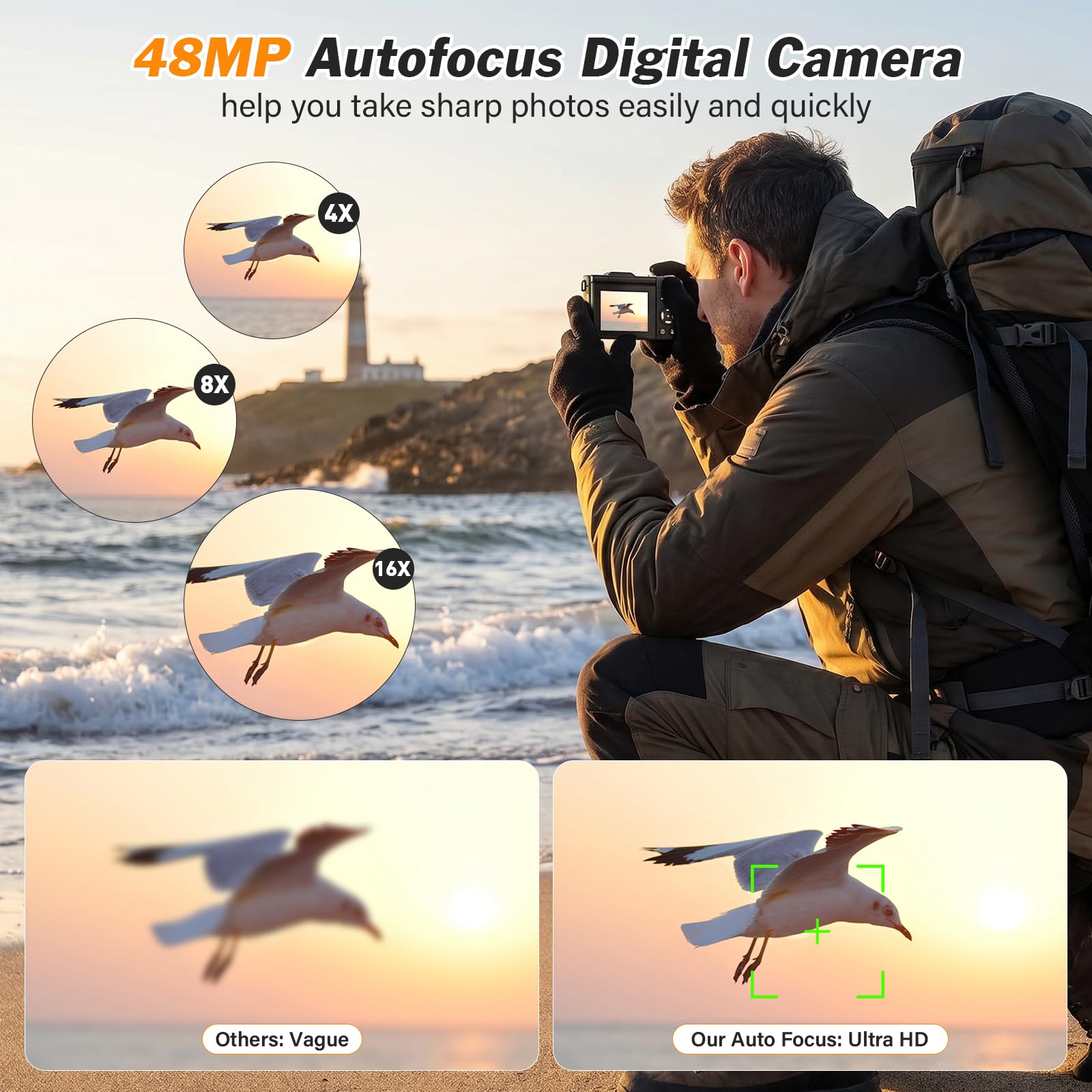 Cámara de Fotos 48MP 4K Cámara Digital Compacta con Zoom 16X 2,8" LCD Compacta Portátil Cámara con Tarjeta 32GB para Niños Principiantes Adulto (Negro)
