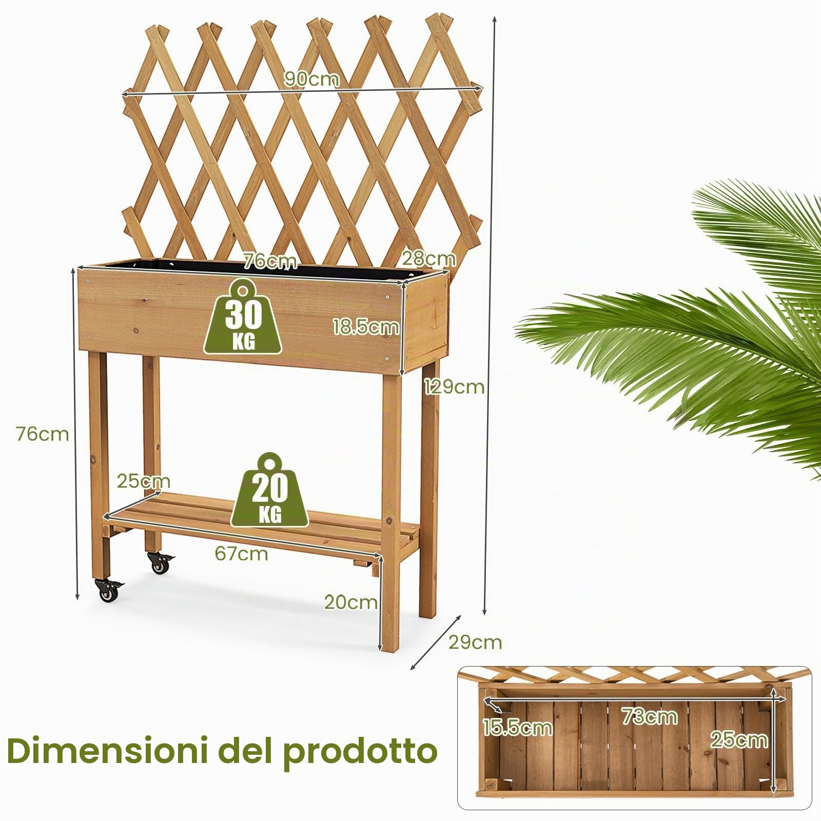 HOMASIS Orto Rialzato da Esterno con Ripiano, Fioriera Rialzata con Grigliato in Legno Massello, Fioriera con Spalliera con Ruote per Balcone, Giardino, Cortile, 90 x 29 x 129 cm, Naturale
