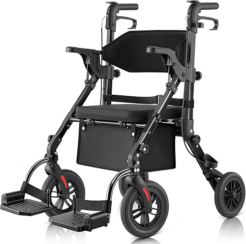 Caminadores para personas mayores con asiento, combo de silla de ruedas Walker, silla de ruedas de transporte 2 en 1, ligera, plegable, silla de