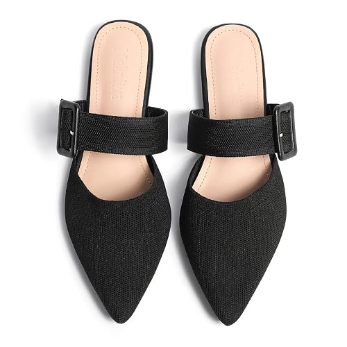 Meknitva Pointed Toe Mules for Women Flats,Slip On Mules Backless,Wide Width Mules,Mule Slides Flats Sandals - Black - 7.5