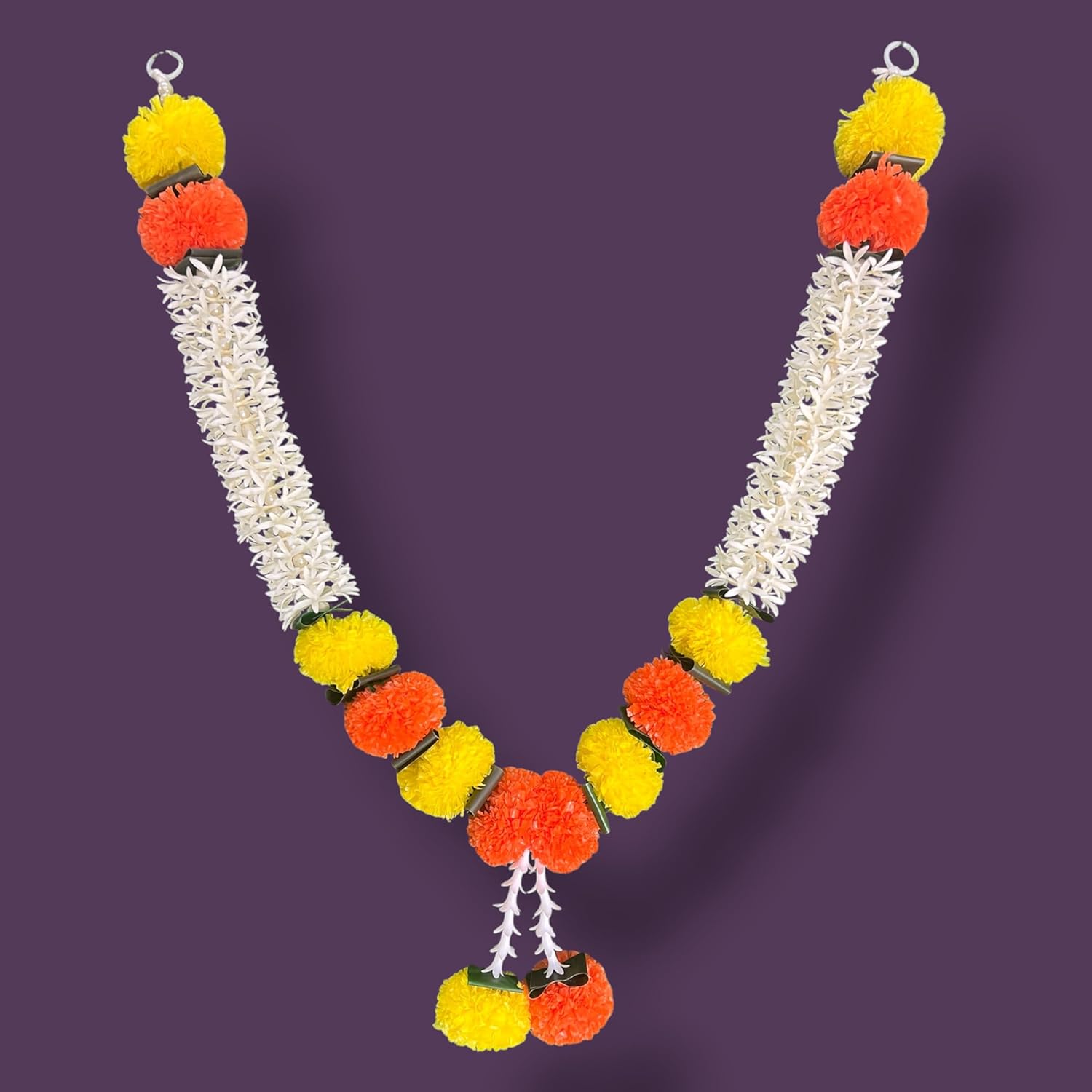 Handmade Pack of 2 Marigold Garland with Jasmine, 28 Inch Artificial Pooja Haar for God Idol, Temple Decor, Murti, Photo Frame & Home Mandir Decoration