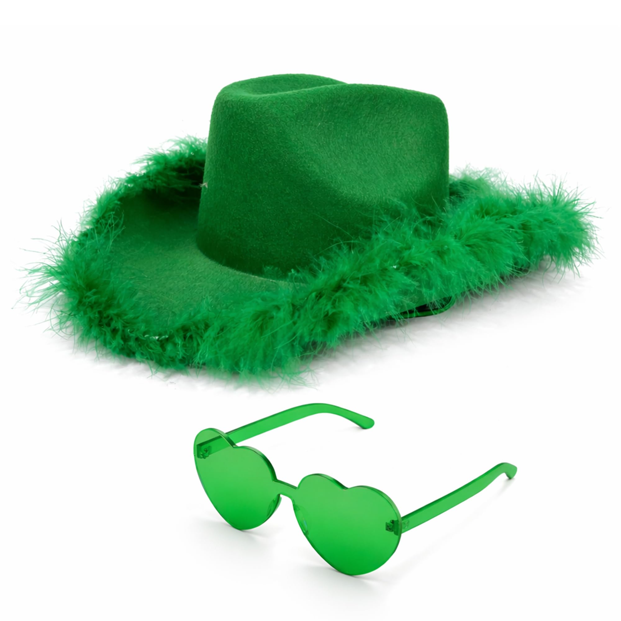 4Es Novelty Cowboy Hat with feathers With Heart Shaped Sunglasses for Women Felt Cowgirl Hat for Party Costume