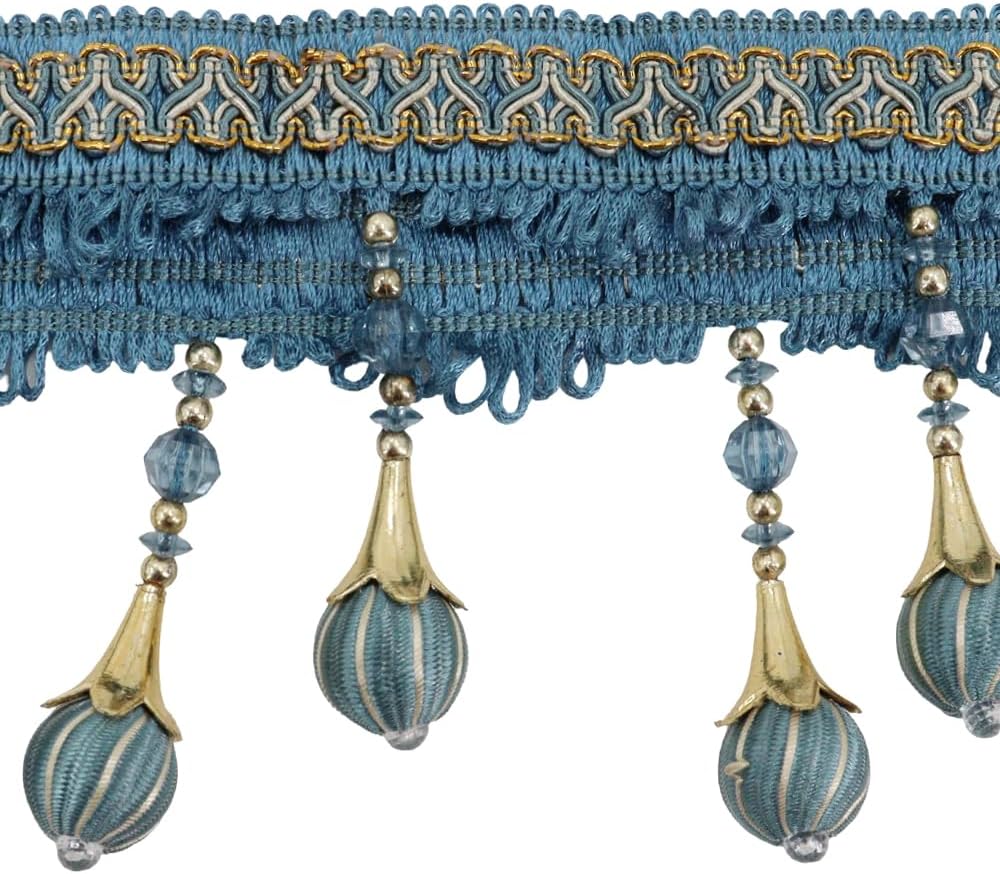 3yards Beaded Fringe Tassel Trim for Curtains, Lampshades, Upholstery, and Sewing Embellishment - Decorative Fabric Drapery Trimming (Blue)