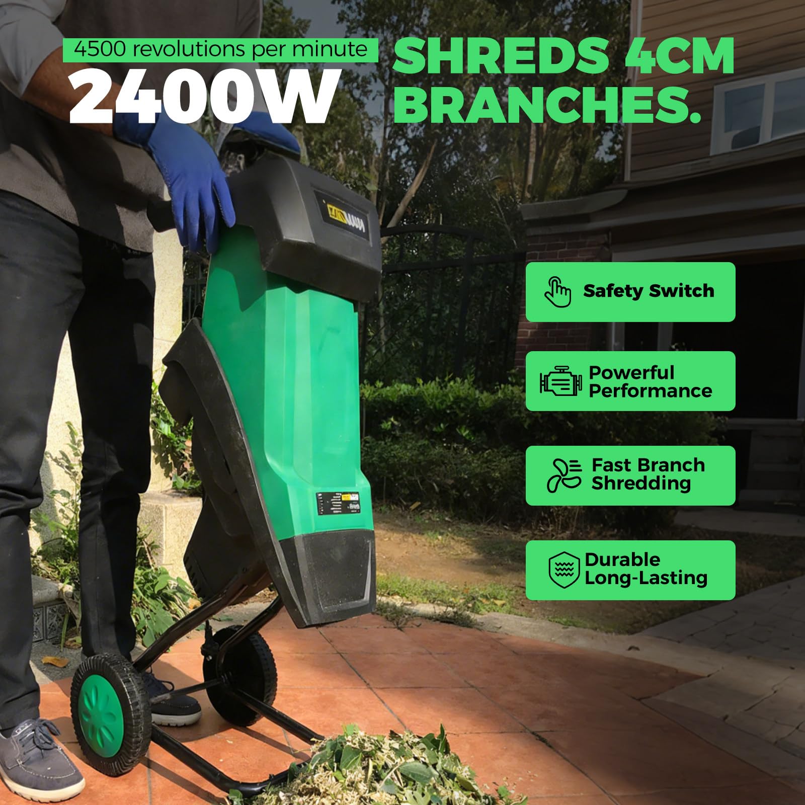 trituradora de Hojas eléctrica, trituradora de poda eléctrica, Bolsa Recogida 50L, Astilladora Ramas 40mm/1,57in, trituradora jardín, para amas,Palos y residuos jardín Green