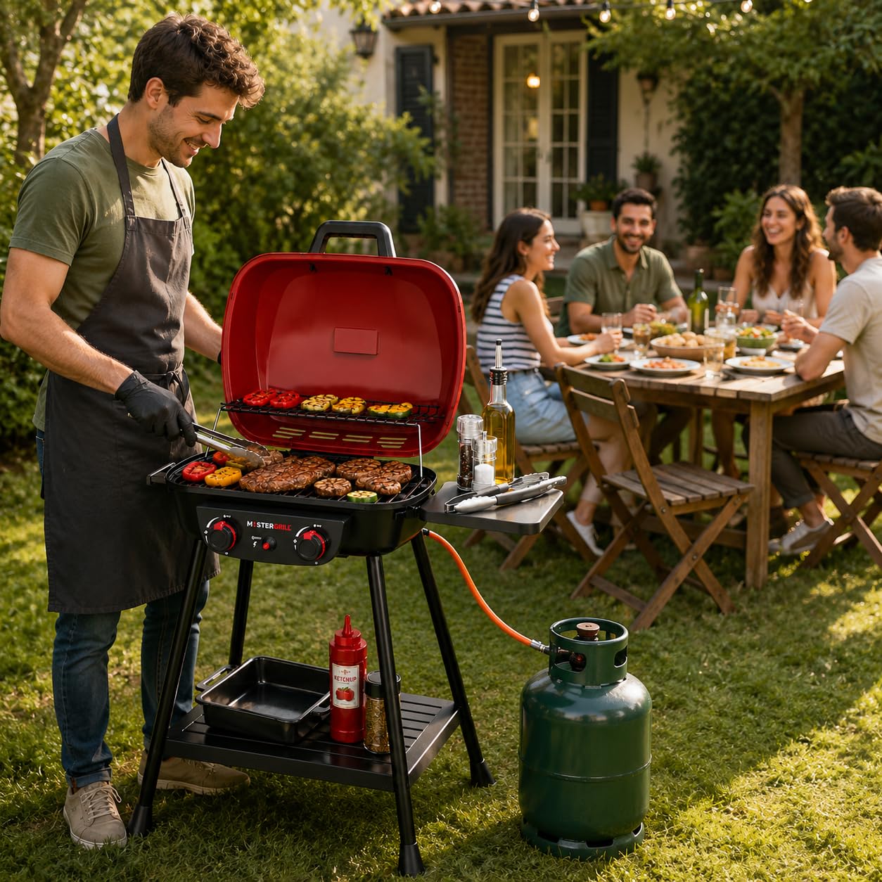 MasterCook - Barbecue a Gas 2 Bruciatori Rosso con Griglia in Ghisa e Scaldavivande, BBQ da Esterno con Accensione Piezoelettrica e Ruote, 76,8x51,9x90,4 cm