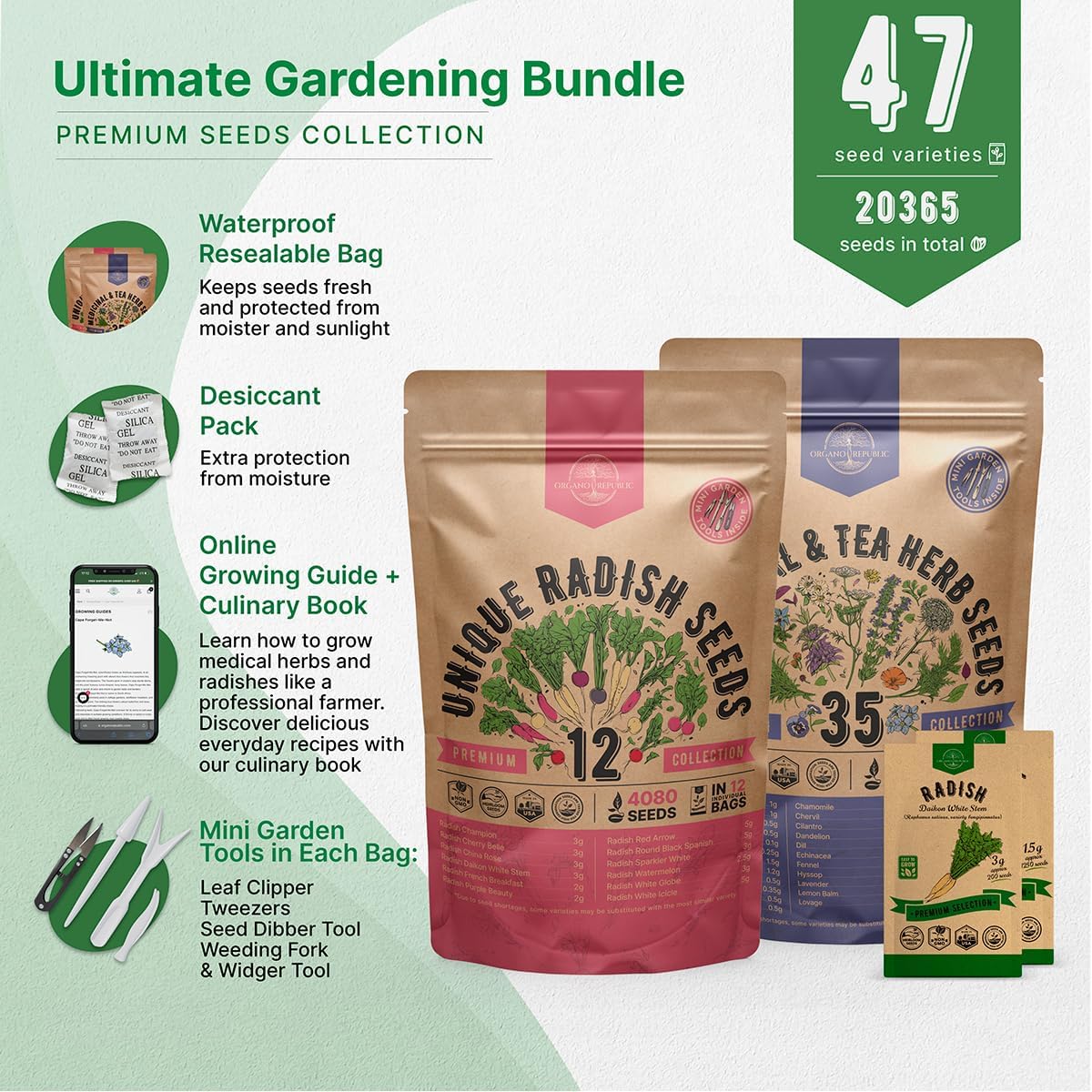 Organo Republic 12 Radish and 35 Medicinal & Tea Herb Seeds Variety Pack Bundle, 18,735+ Non-GMO Heirloom Garden Seeds for Planting Radishes and Herbs for Indoor & Outdoor Gardening