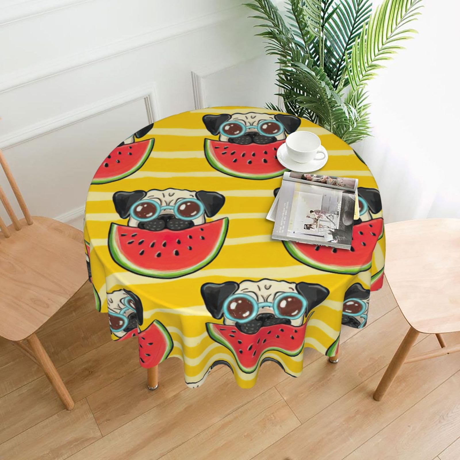 Uusnwaa Funny French Bullfighting Watermelon Print Round Tablecloth 60 Inch, Stain Wrinkle Resistant Washable Polyester Table Cover For Kitchen Party