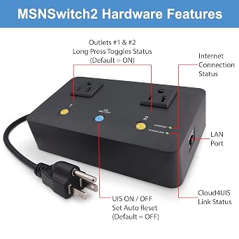 MSNSwitch2 Internet Enabled IP Remote Power Switch with Reboot - Control via Smartphone App, Cloud Service, Web Browser or API - 2 Independent AC Power Outlets (Model UIS-722b)