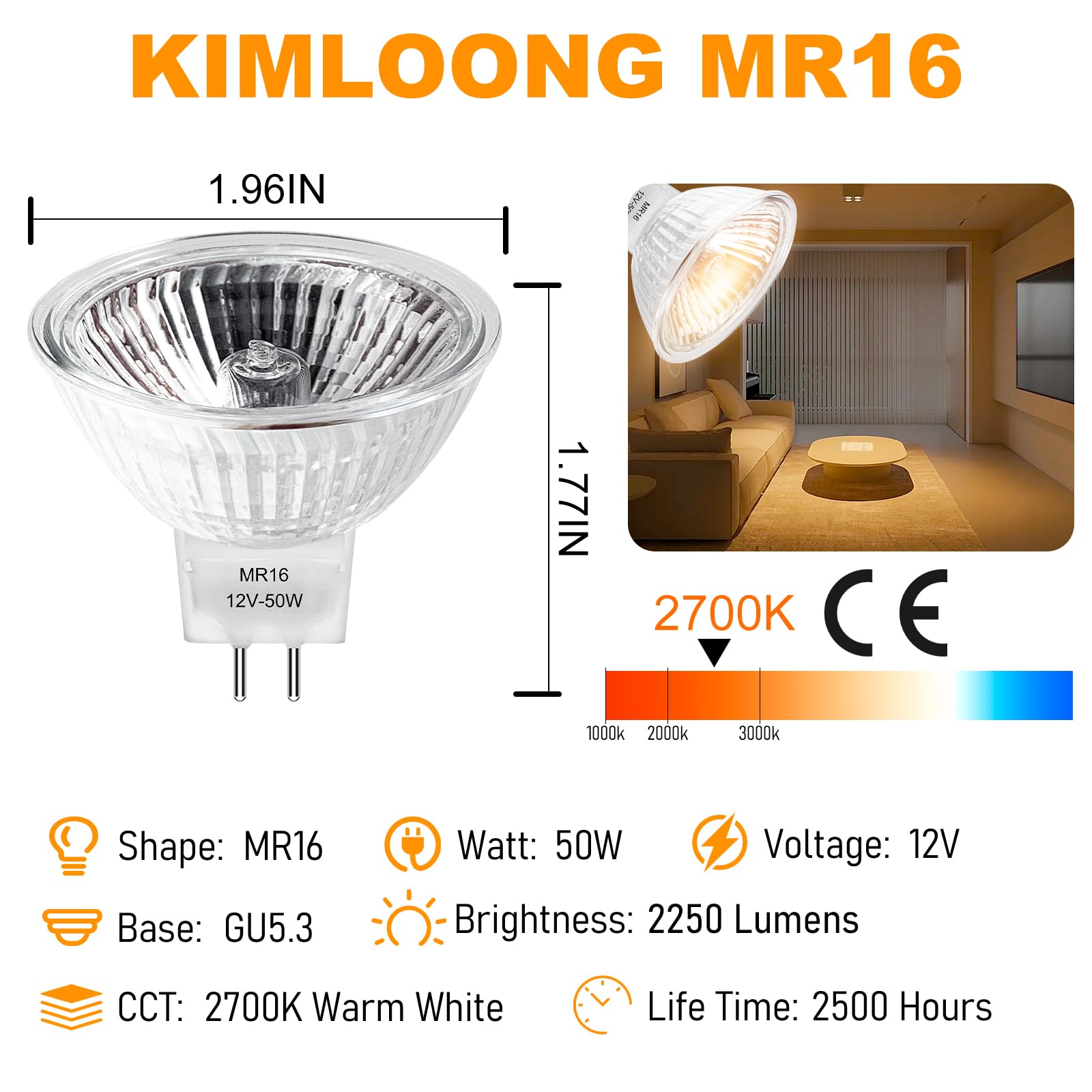 Bombillas halógenas MR16 de 2 pines, 12 V, 50 W, 6 paquetes de bombillas halógenas GU5.3 con base regulable con cubierta de vidrio transparente, 2700 K, blanco cálido para luces de paisaje
