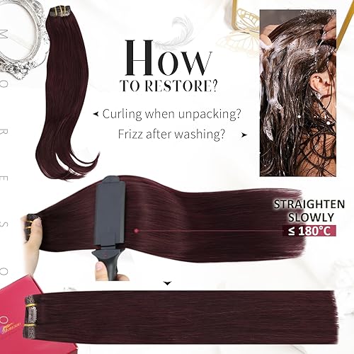 Miniatura 7 de Moresoo Extensiones de cabello humano real color burdeos con clip, extensiones de cabello humano rojo oscuro con clip de doble trama, color vino