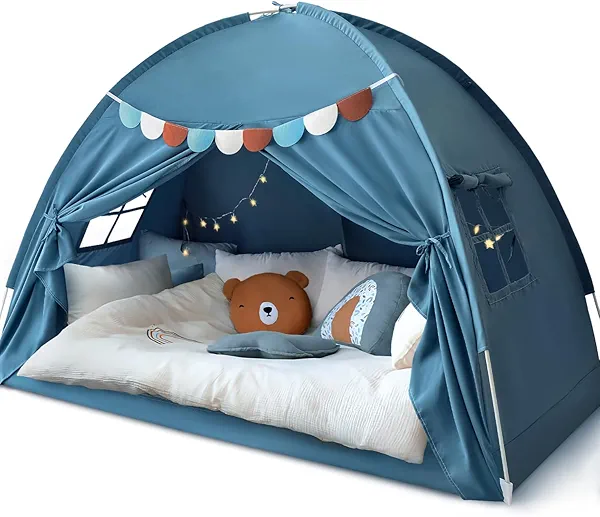 Twin Bed Tent for Kids, Twin Size Bed Canopy Indoor Bed Canopy Privacy Tent on Bed Sleep Inside Drafty Room for Boys, Blue Jean Color