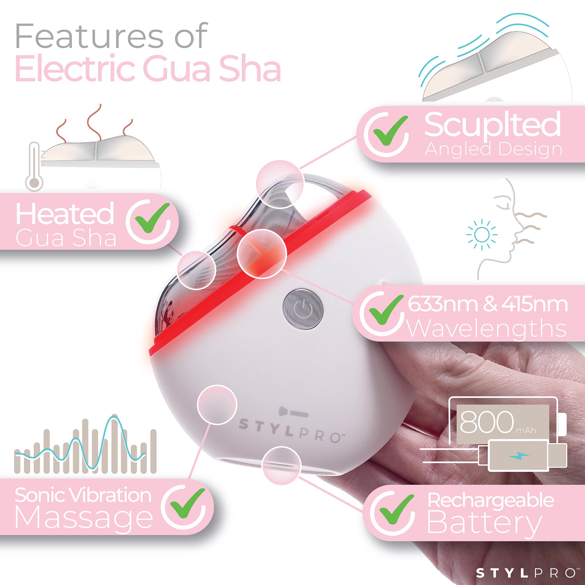 STYLPRO 6 in 1 Beheiztes LED-elektrisches Gua Sha - Gesichtsformung & Lifting Tool mit Rotlichttherapie & beruhigender Wärme - Vibration für Lymphdrainage & strahlende Haut